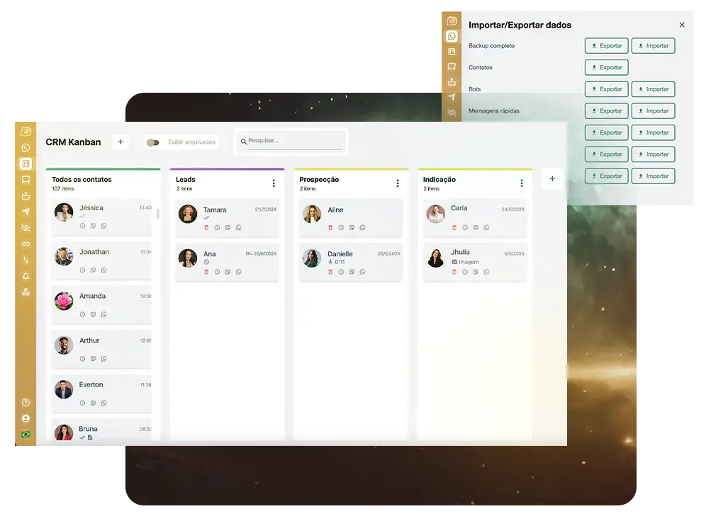 Painel do Anjos Zap com CRM Kanban de contatos do WhatsApp