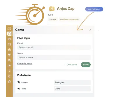 Extensão Anjos Zap na Chrome Web Store e tela de login da conta